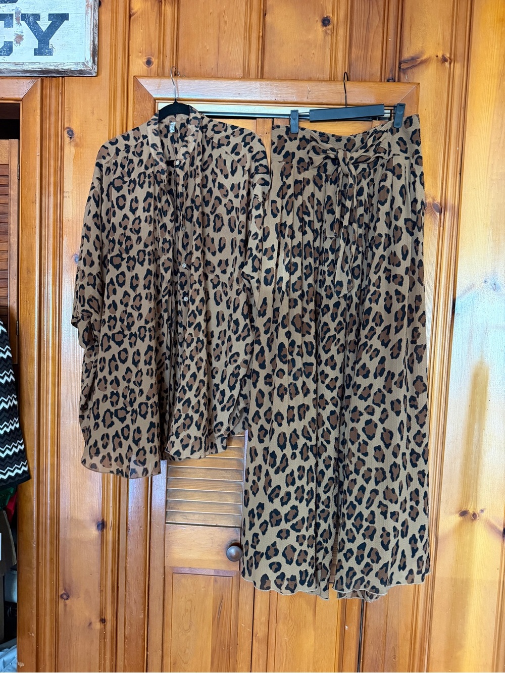 Free People Leopard Print Matching Set Wide Leg Pants Button Down